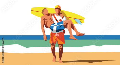Lifeguard carries an unconscious surfer off the sandy beach near the ocean water