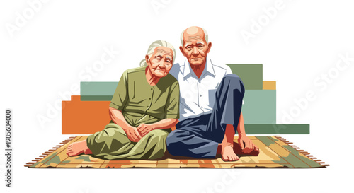 An elderly couple sitting together on a woven mat against a colorful background