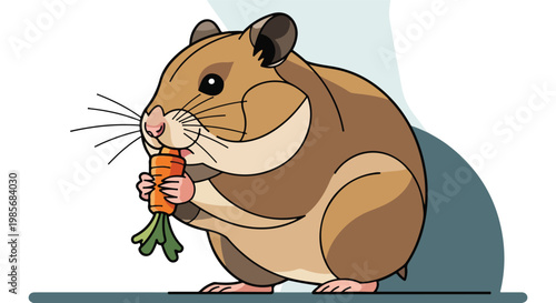 A cute brown hamster sits and eats a small orange carrot with green leafy tops