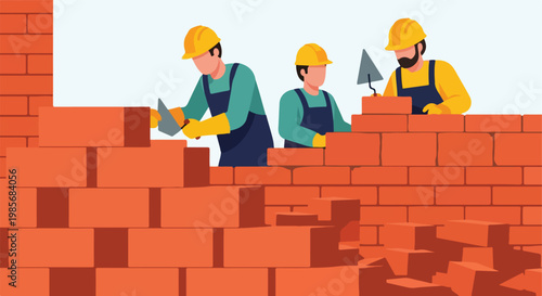 Three construction workers laying red bricks with trowels on a building project