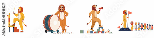 Collection of illustrations featuring children and adults in lion costumes, participating in leadership roles, musical performances, and school activities.