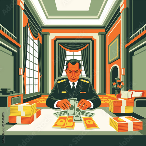 A uniformed official sits at a desk counting stacks of paper money in an office