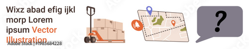 Logistics, delivery services, shipment tracking, customer support, e-commerce, distribution. Cart with boxes, map with pins and speech bubble with question mark. Logistics and delivery services