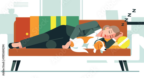 A business woman in a suit is napping on a sofa with her dog curled up asleep