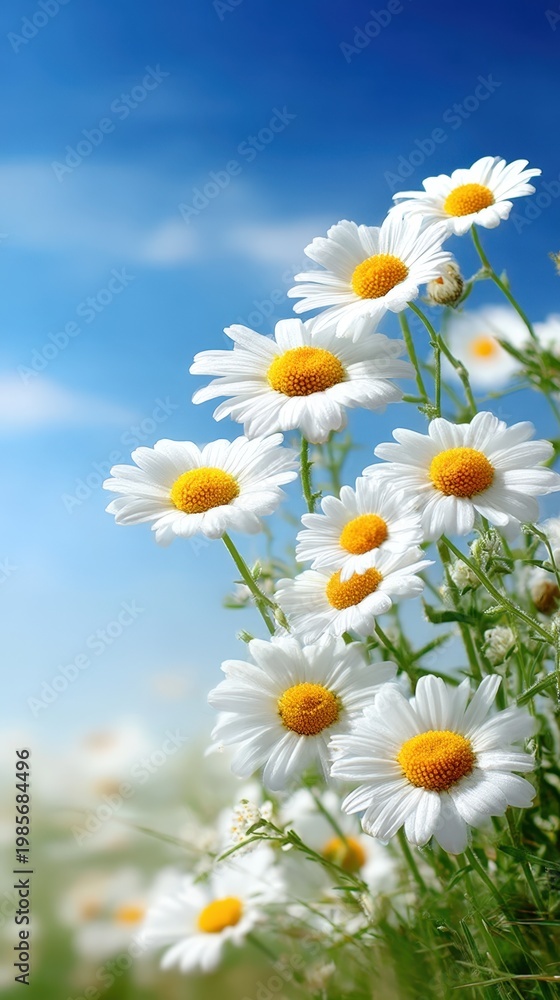 Obraz premium White daisies with yellow centers blooming in a sunny meadow under a clear blue sky