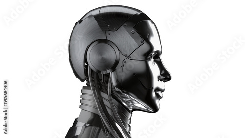 Polished chrome robot head profile showing intricate mechanical details, isolated on transparent background