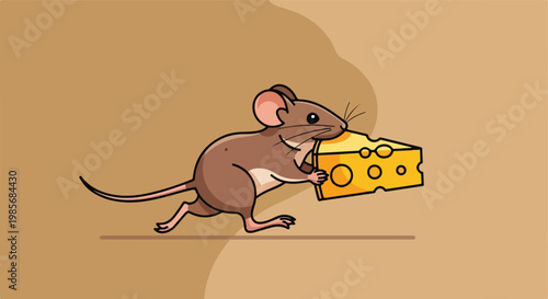 A cute brown cartoon mouse running while carrying a wedge of yellow holey cheese