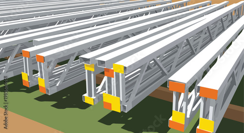Rows of industrial metal truss segments arranged in a yard for construction use