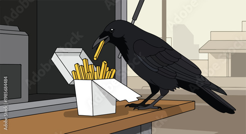 A cartoon crow perched on a table eating a single french fry from a carton