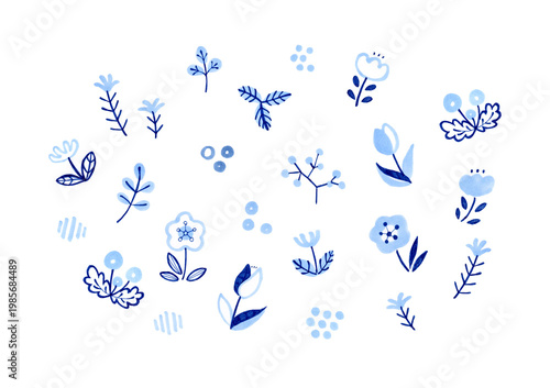 北欧風のかわいい青色の草花セット　手描きイラスト素材