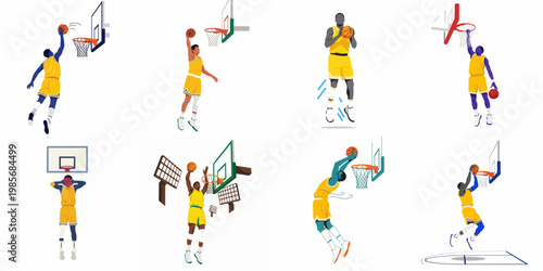 Set of minimalist illustrations featuring a professional basketball player in dynamic dunking and jumping poses, wearing a yellow and purple sports uniform.