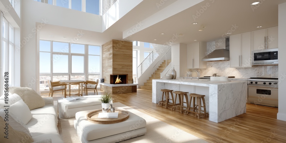 Obraz premium Bright modern open plan loft with marble kitchen island, cozy fireplace, and large windows overlooking city skyline