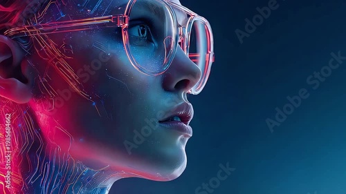 A captivating portrait conveys futuristic innovation and digital connectivity, perfect for technology marketing or illustrating the concept of human-m