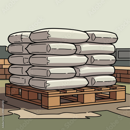 A wooden pallet stacked with multiple white rectangular bags on a ground surface