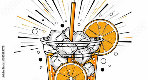 Modern pop art orange juice vector illustration, refreshing iced citrus beverage with straw, vibrant summer drink with ice cubes and fruit slices