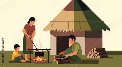 A family sits outside a rustic hut while cooking a meal over an open campfire