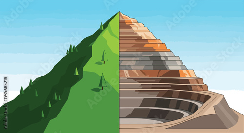 A split illustration showing a lush green mountain side beside a stripped mine