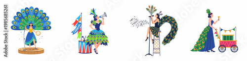 Set of carnival performers in vibrant peacock-themed costumes singing, announcing, and parading, perfect for festive celebrations and circus event designs.
