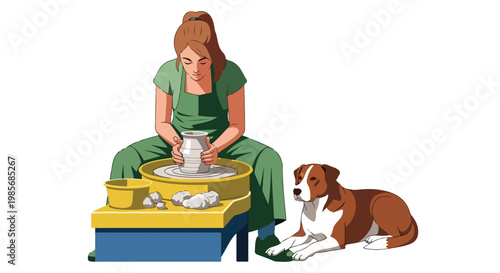 A woman in green works at a pottery wheel with her pet dog resting nearby