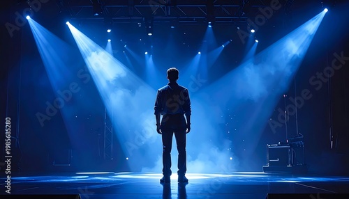 A lone figure on a stage bathed in blue light
