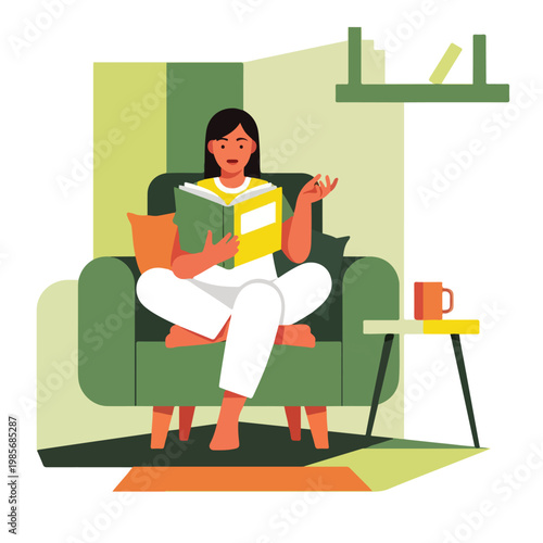 A young woman sitting in a comfy armchair and reading a book in her cozy home