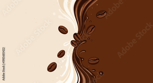 Roasted coffee beans falling into liquid chocolate splash, creamy milk and dark cocoa swirl background, abstract food and beverage vector illustration