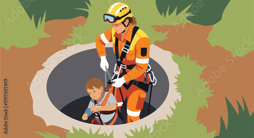 A rescuer in uniform pulls a small child out of a deep dark hole in the ground