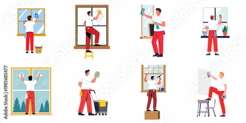 Set of Flat Vector Illustrations Showing Men Cleaning Windows and Surfaces with Various Professional Tools