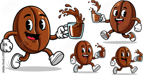 Retro cartoon coffee bean mascot set, vintage running coffee character with splashing cup, funny roasted bean vector illustrations for cafe branding