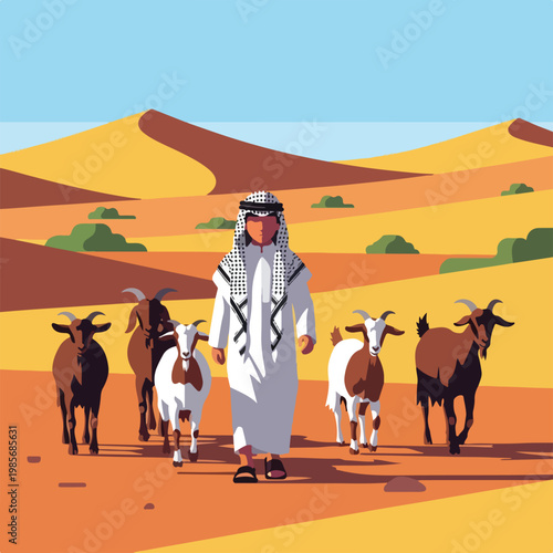 A person in traditional desert attire walking with a herd of goats in the dunes