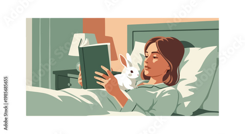 A young woman relaxing in bed reading a book with a small white rabbit nearby