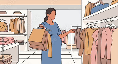 A pregnant woman in a blue dress shops for clothing in a bright boutique store