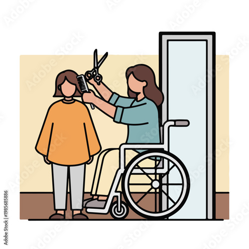 A woman in a wheelchair using scissors and a comb to cut a client's hair indoors