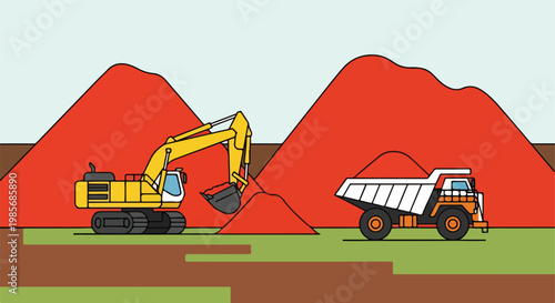 Yellow excavator fills a white dump truck with red soil at an industrial site