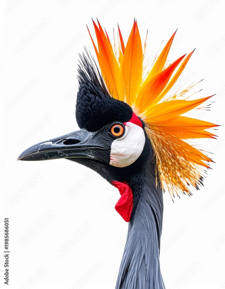 Fototapeta premium Exotic Grey Crowned Crane Bird Profile With Vibrant Orange Crest Isolated White