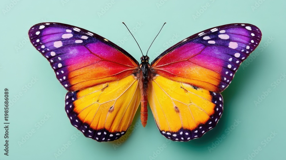 Obraz premium Colorful butterfly with vibrant purple, orange, and yellow wings on a pastel turquoise background