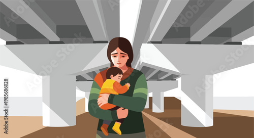 A sad woman holds a young child while standing under a massive concrete bridge