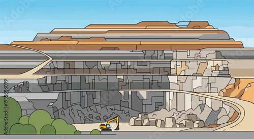 A stylized illustration of a large open-pit mine with a yellow excavator below