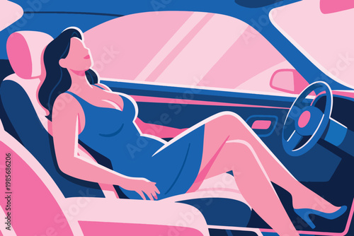 Beautiful Woman Lying Down in Car Illustration Creative Design Template 