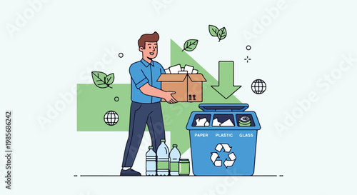 A man sorting recyclable waste into a blue bin with paper, plastic, and glass
