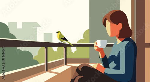 A minimalist illustration of a woman holding a cup while a bird sits nearby