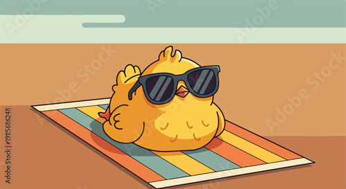 A cute yellow chick wearing sunglasses rests on a colorful beach towel at sunset