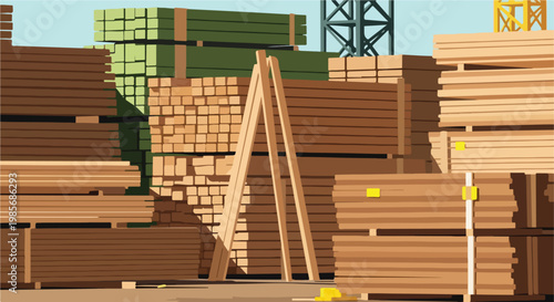 Large piles of stacked wooden planks and lumber at a busy construction warehouse