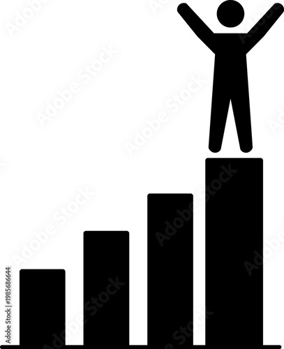 Business Success Concept with Winner Standing on Top of Growth Bar Chart Silhouette