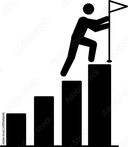 Success Concept with Person Climbing Bar Chart and Reaching Goal Flag Icon