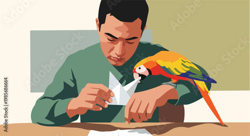 A man in a green shirt folds a paper boat while a colorful parrot looks on
