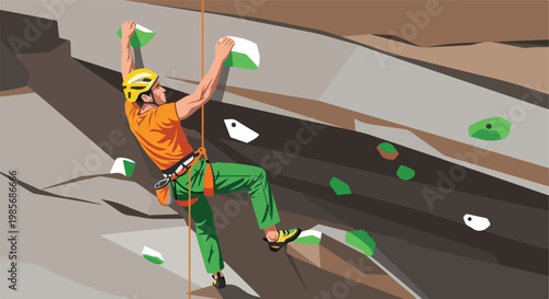 A rock climber in an orange shirt scales an indoor wall with safety equipment on