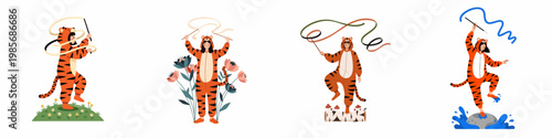 Set of illustrations featuring a person in a tiger onesie performing rhythmic gymnastics with ribbons in various nature settings.