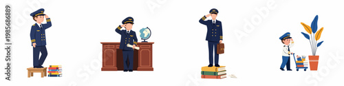 Set of illustrations featuring a young boy dressed as a professional airline pilot in various educational and playful settings, saluting.