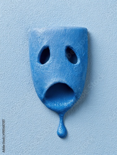 Blue melting face sculpture with dripping mouth on textured light blue background